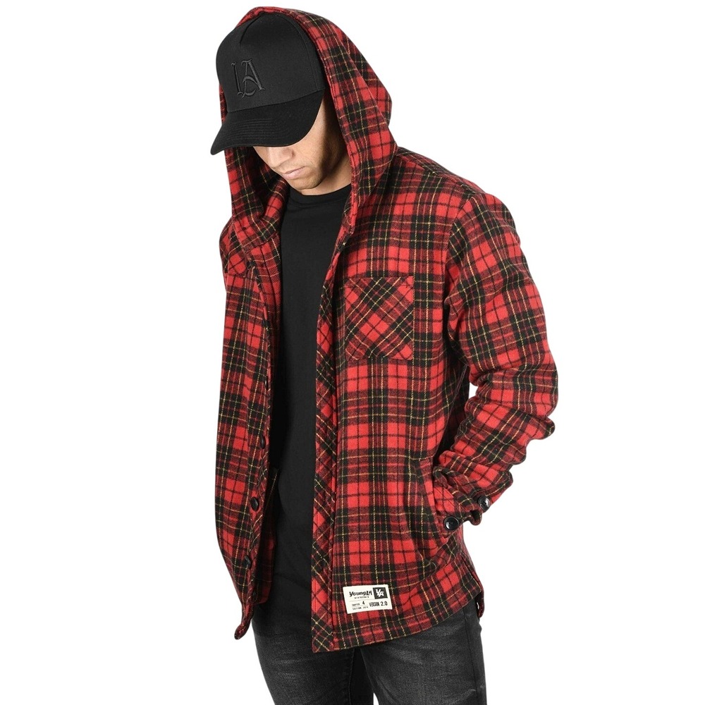 YoungLA Hooded Jacket Men XL Red Tartan Plaid Button Casual Streetwear Hypebeast